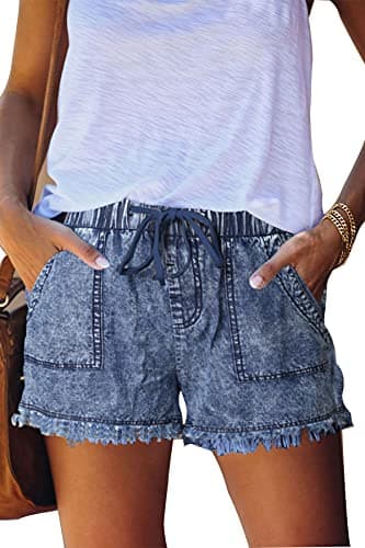 GOLDPKF Women's Mid-Waist Frayed Stretch Denim Shorts — A-light Blue