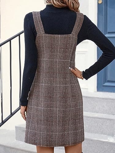 OYOANGLE Women's Plaid Print Sleeveless V-Neck Short Dress Pinafore