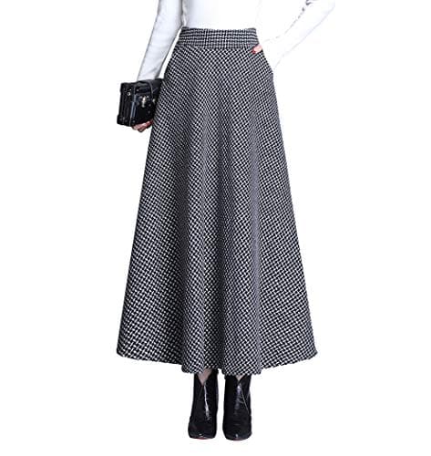 Artykey Women's High Waist Warm Plaid Wool Maxi Skirt S-3XL — B Black