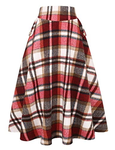 Women's High Waisted Wool Plaid A-line Skirt for Fall/Winter — Plaid Wine