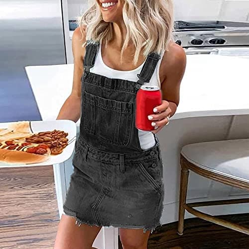 HXHYQKP Classic Denim Adjustable Strap Overall Dress with Suspender Skirt
