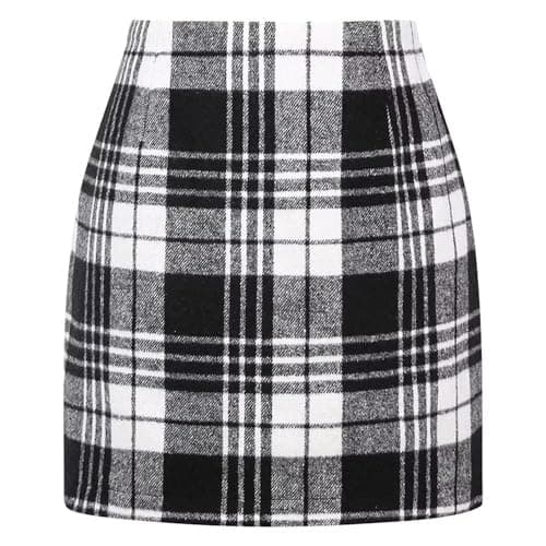 DAYINKEE Women's High Waisted Plaid Bodycon Mini Skirts — White Lattice