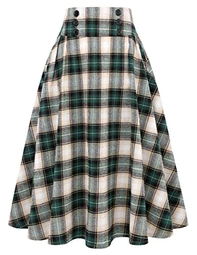 Women's High Waist Plaid A-line Midi Skirt by IDEALSANXUN — Green 01