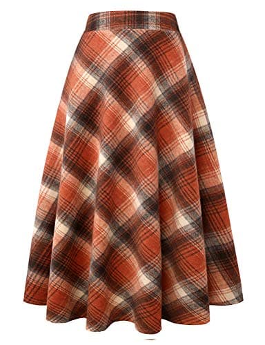 Women's Long Plaid Wool Skirt for Winter: High Waisted A-line Flare — Orange