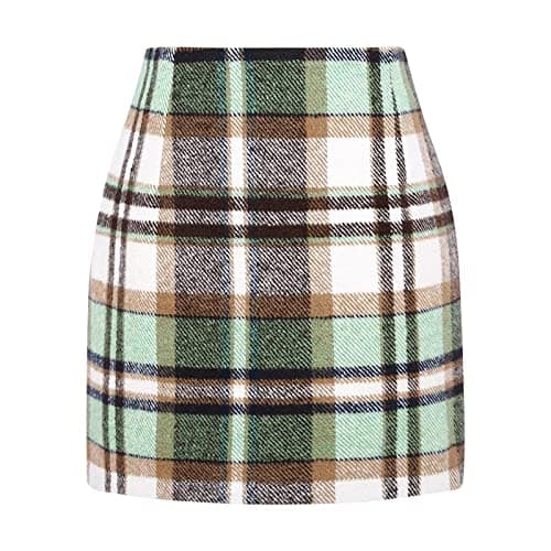 Elastic Waist Zipper Pencil Skirt: Vintage Women's Plaid Mini Above Knee Short Skirts — 04-green Plaid