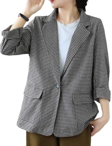 Cotton Linen Plaid Blazer for Women Oversized Lightweight Jacket