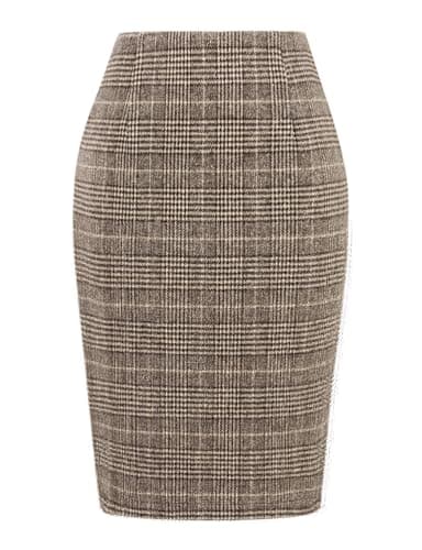 Womens Plaid Wool Pencil Skirt for Fall and Winter — Grid Coffee