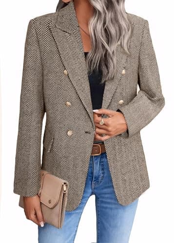 Mina Self 2025 Women's Spring Plaid Tweed Lapel Blazer Jacket with Pockets — Herringbone/Brown