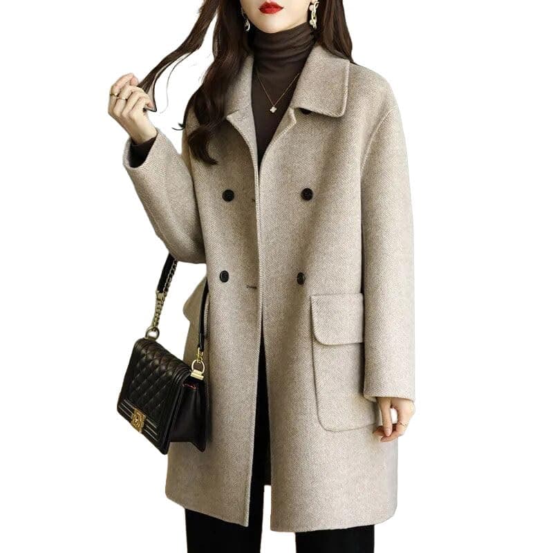 BININBOX Women's Mid Long Thicken Double Breasted Pea Coat with Pockets — Grey Thicken