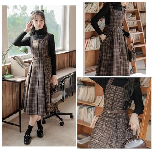 Cuteighteen Wool Midi Plaid Belted Dress with Pocket Fall Winter