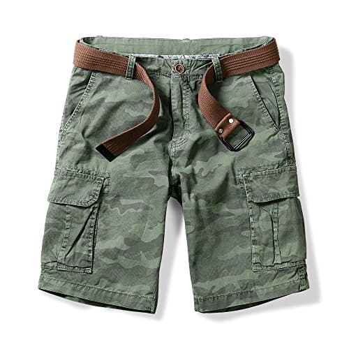 OCHENTA Men's Lightweight Cargo Shorts with Pockets Casual Cotton Shorts (No Belt) — Camo Green