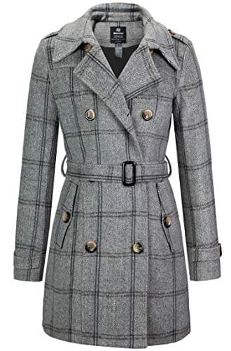 Women's WantdoDouble Breasted Pea Coat Mid-Long Trench Belted Winter — Plaid