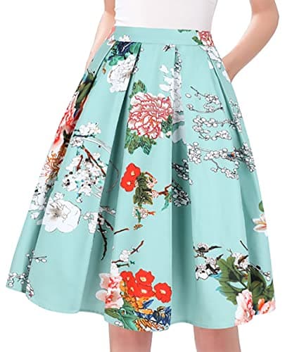 Tandisk Women's Vintage Printed Flared Midi Skirt with Pockets — Green Flower