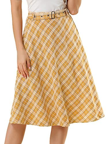 Allegra K Women's Vintage Tartan A-Line Midi Skirt — Yellow
