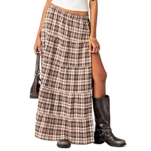 LAVASEON Women's Vintage Plaid Tiered Maxi Skirt with Elastic Waist