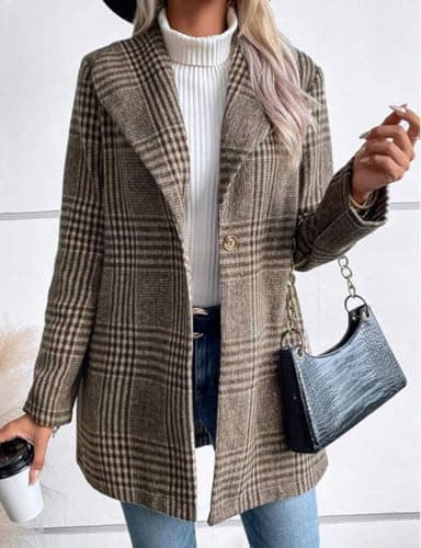 Long Wool Plaid Blazer for Women's Fall and Winter Outfits