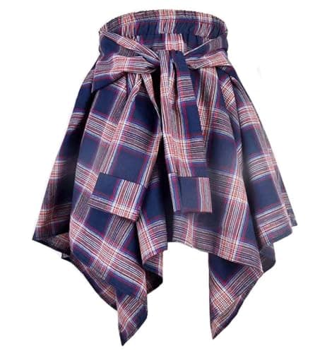 Women's Elastic Waist Plaid Mini Skater Skirt Knot Front Irregular Hem — Blue&purple