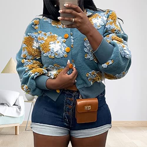 HOULENGS Women's Cropped Floral Fleece Bomber Jacket for Winter Warmth