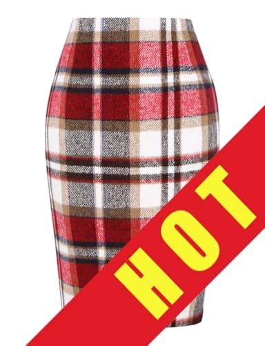 Womens Plaid Wool Pencil Skirt for Fall and Winter — Wine Red