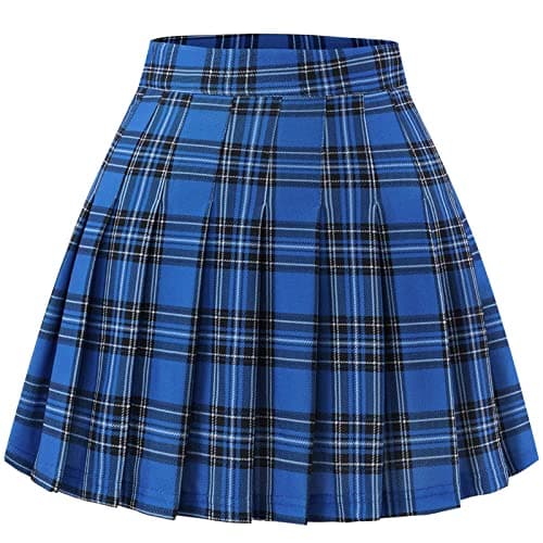 Pleated Skirts for Women: High Waist Mini Skater Tennis A-line Cheerleader — Royalblue Plaid