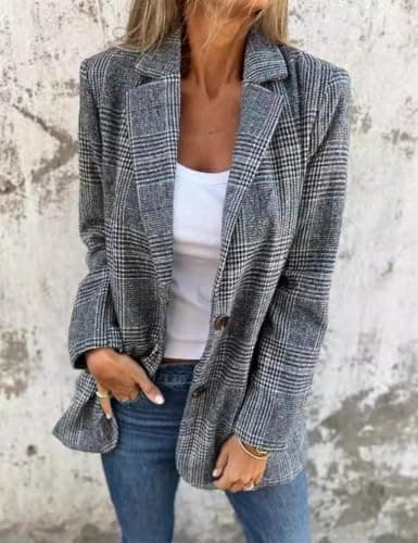 IdealSanXun Women's Casual Plaid Houndstooth Blazer Jacket