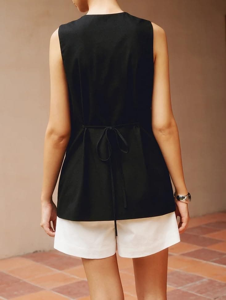 EZAPINE Women's Cotton Linen Summer Vest with Drawstring