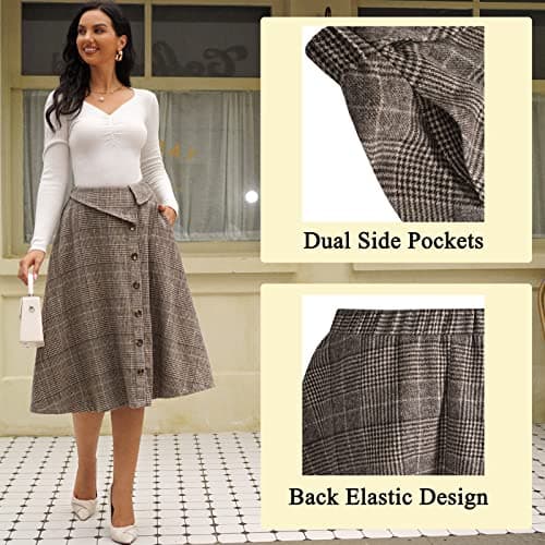 ZAFUL Women's Winter Plaid A-Line Midi Skirt with Pockets