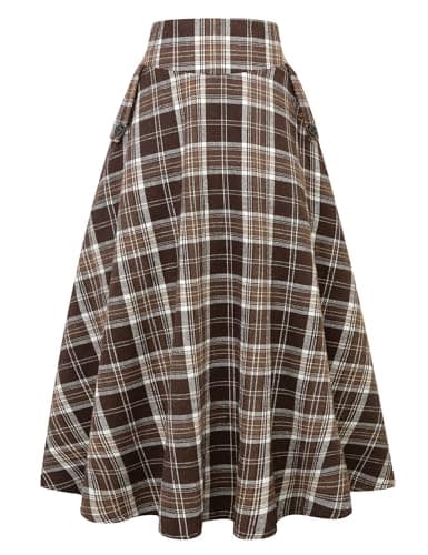 Women's Plaid High Waisted A Line Maxi Skirt with Pockets for Fall/Winter — Brown