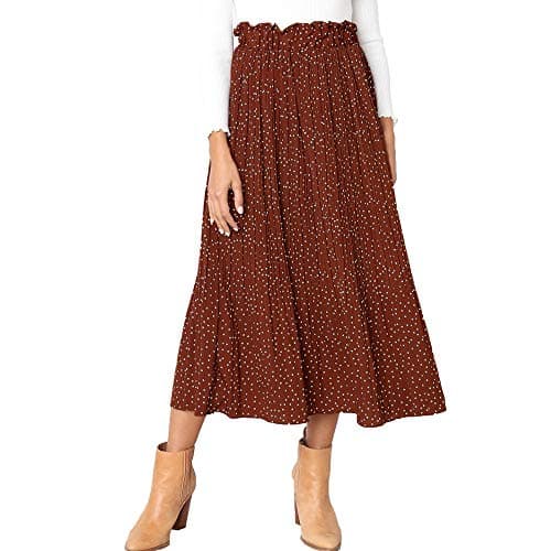 EXLURA Women's High Waist Pleated Polka Dot Maxi Midi Skirt with Pockets — Coffee