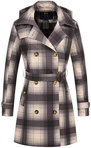 CREATMO Women's Classic Double-Breasted Trench Coat with Detachable Hood — Plaid