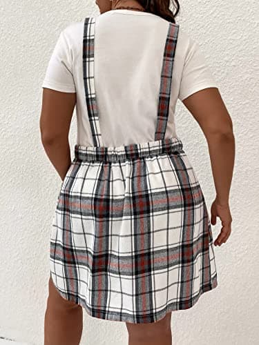 WDIRARA Women's Plus Size Plaid Knee-Length Pinafore Overall Dress