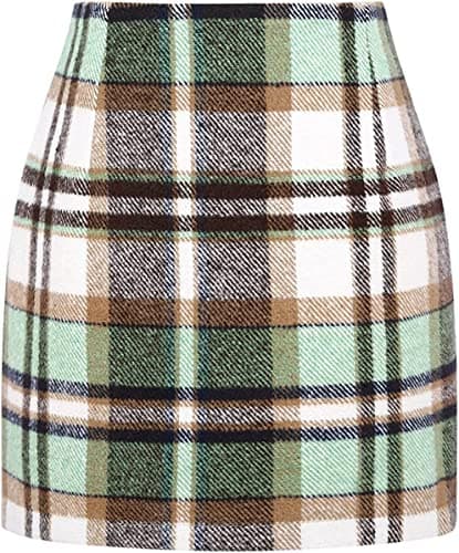 Women's High Waist Plaid Wool Mini Skirt — Light Green