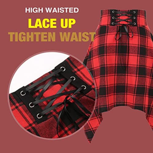 IDEALSANXUN High-Waisted Asymmetrical Lace-Up Plaid Mini Skirt for Women