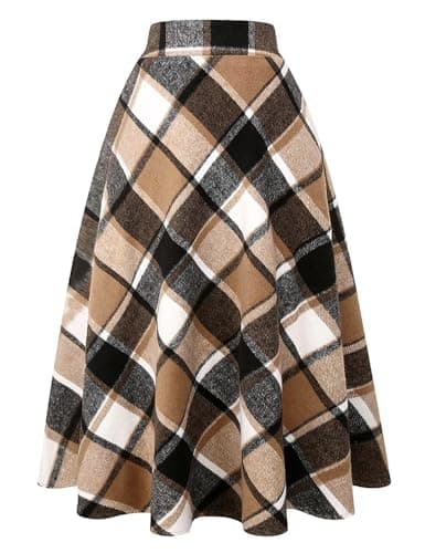 Women's Long Plaid Wool Skirt for Winter: High Waisted A-line Flare — Brown New