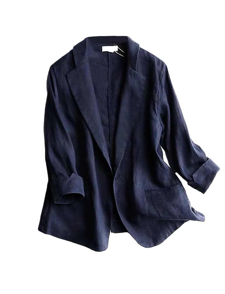 IDEALSANXUN Women's Dark Blue 3/4 Sleeve Cotton Linen Blazer Jacket XS