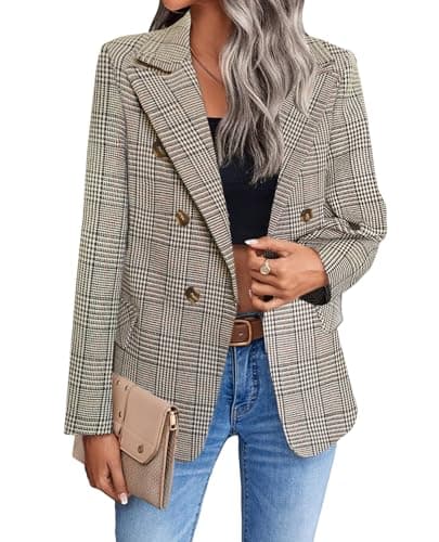 Mina Self 2025 Women's Spring Plaid Tweed Lapel Blazer Jacket with Pockets — Plaid/Brown