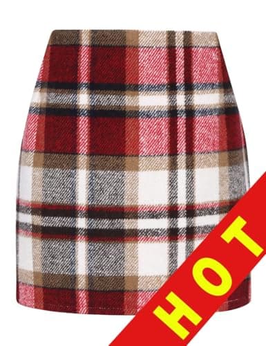 Mywinway Plaid High Waist A-Line Skirt for Women — Wine Red