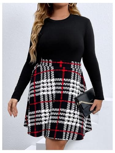 MakeMeChic Women's Plus Size High Waisted Plaid A-Line Flare Knee-Length Skirt