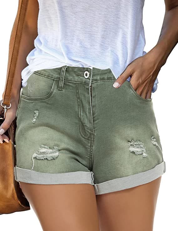 GOLDPKF Women's Mid-Waist Frayed Stretch Denim Shorts — F-green