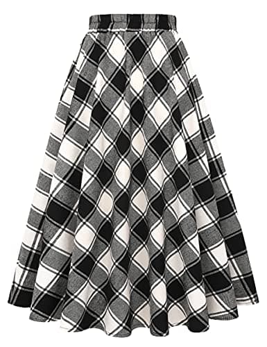 Women's Plaid A-line Midi Pleated Skirt — Plaid Black&white