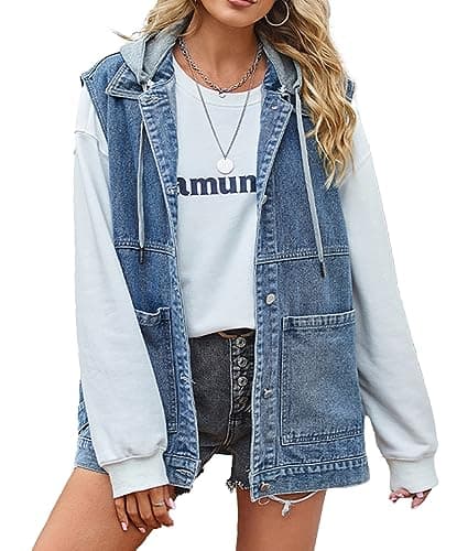 PAODIKUAI Women's Oversized Distressed Denim Vest Jackets — A5-blue With Hood