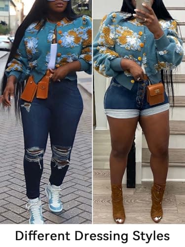 HOULENGS Women's Cropped Floral Fleece Bomber Jacket for Winter Warmth