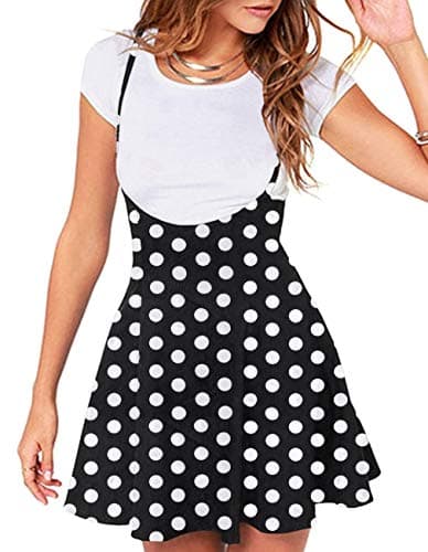 Jedyful Women's Casual High Waist Flare Skater Skirt with Shoulder Straps — 01-y-black Dot