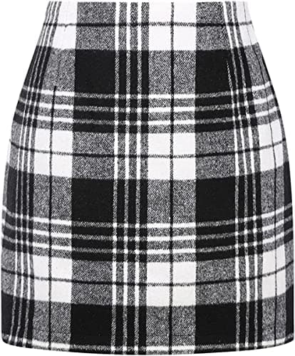 Women's High Waist Plaid Wool Mini Skirt — White & Black