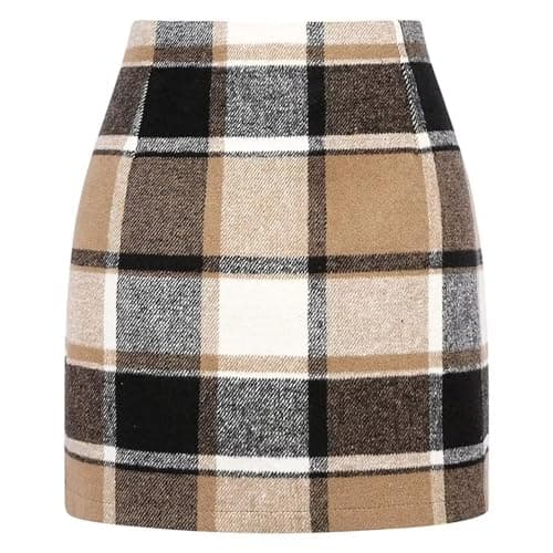 DAYINKEE Women's High Waisted Plaid Bodycon Mini Skirts — Deep Khaki