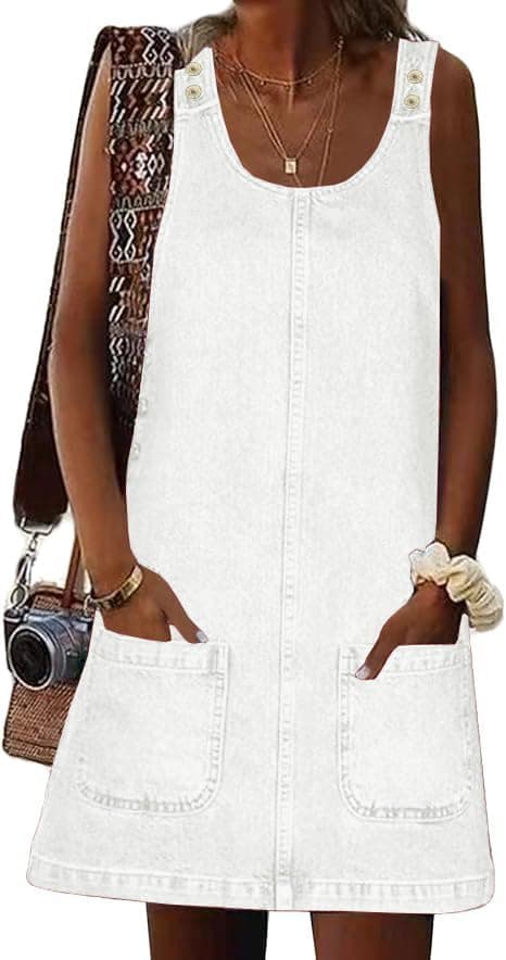 HUEOBIR Denim Overall Dress for Women Round Neck Skirtall Jean — White