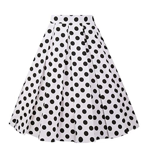 Girstunm Women's Floral Print A-line Midi Skirt with Pockets — White-black Dot