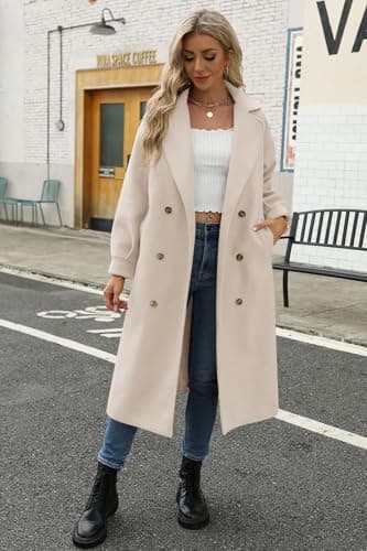 BZB Women's Elegant Double Breasted Pea Coat Winter Wool Blend Notched Collar