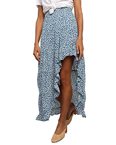 BTFBM Women's 2025 Summer Floral Print Elastic Waist High-Low Boho Maxi Skirt — Blue