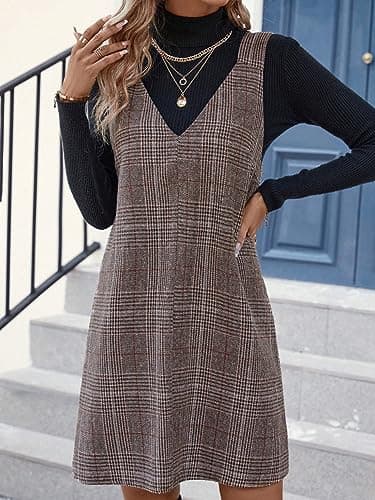 OYOANGLE Women's Plaid Print Sleeveless V-Neck Short Dress Pinafore